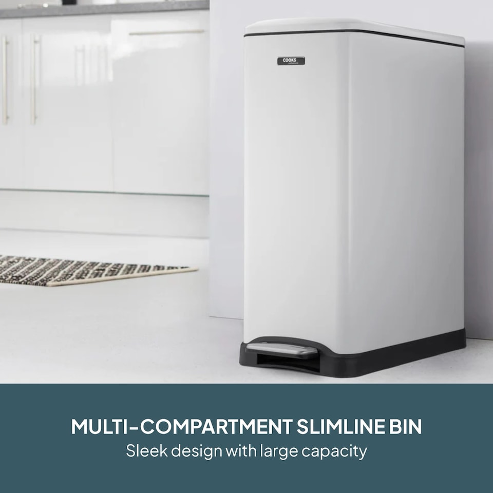 image 1 of Cooks Professional Slimline Dual Recycle Pedal Bin 50L - 2 Compartments & Soft Close Lid | White