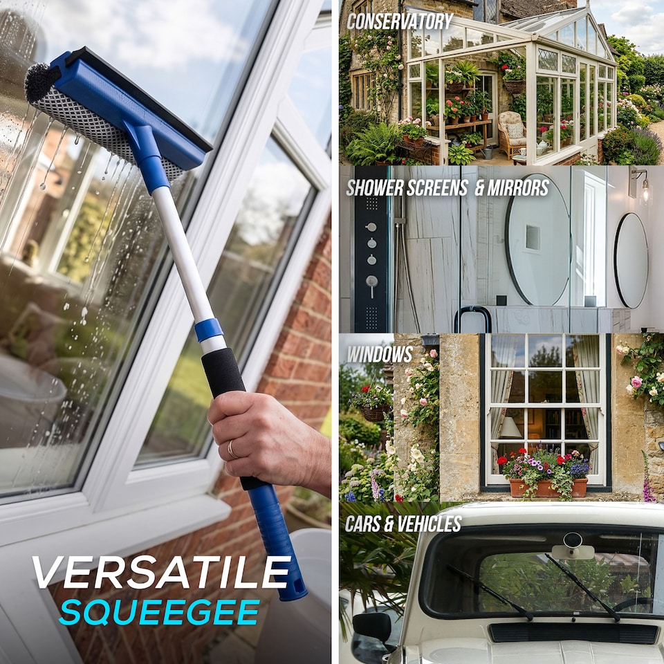 image 1 of Telescopic 2-in-1 Window Squeegee Extendable Glass Cleaner with Sponge Scrubber