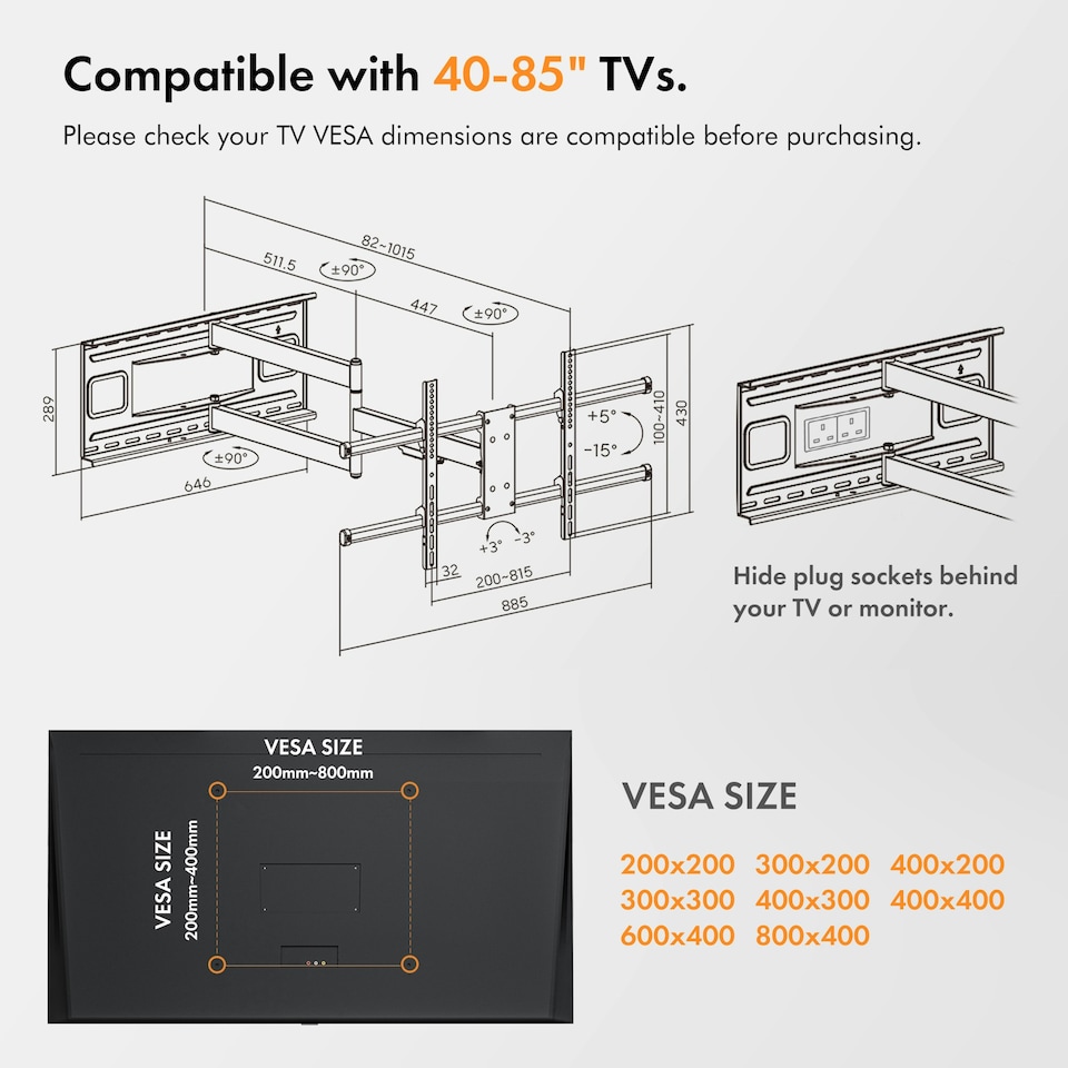 image 1 of VonHaus Long Reach Articulating TV Wall Bracket for 40-85" Screens