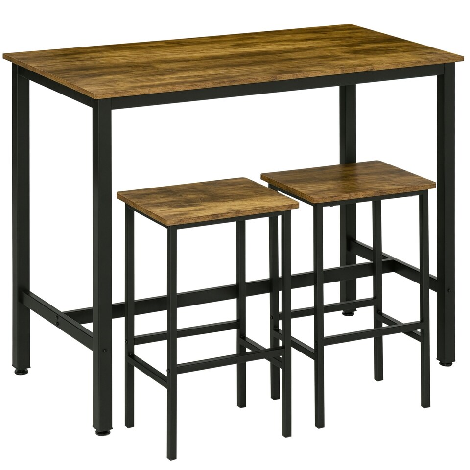 image 1 of HOMCOM 3-Piece Industrial Bar Table Set, Table and 2 Chairs Rustic Brown