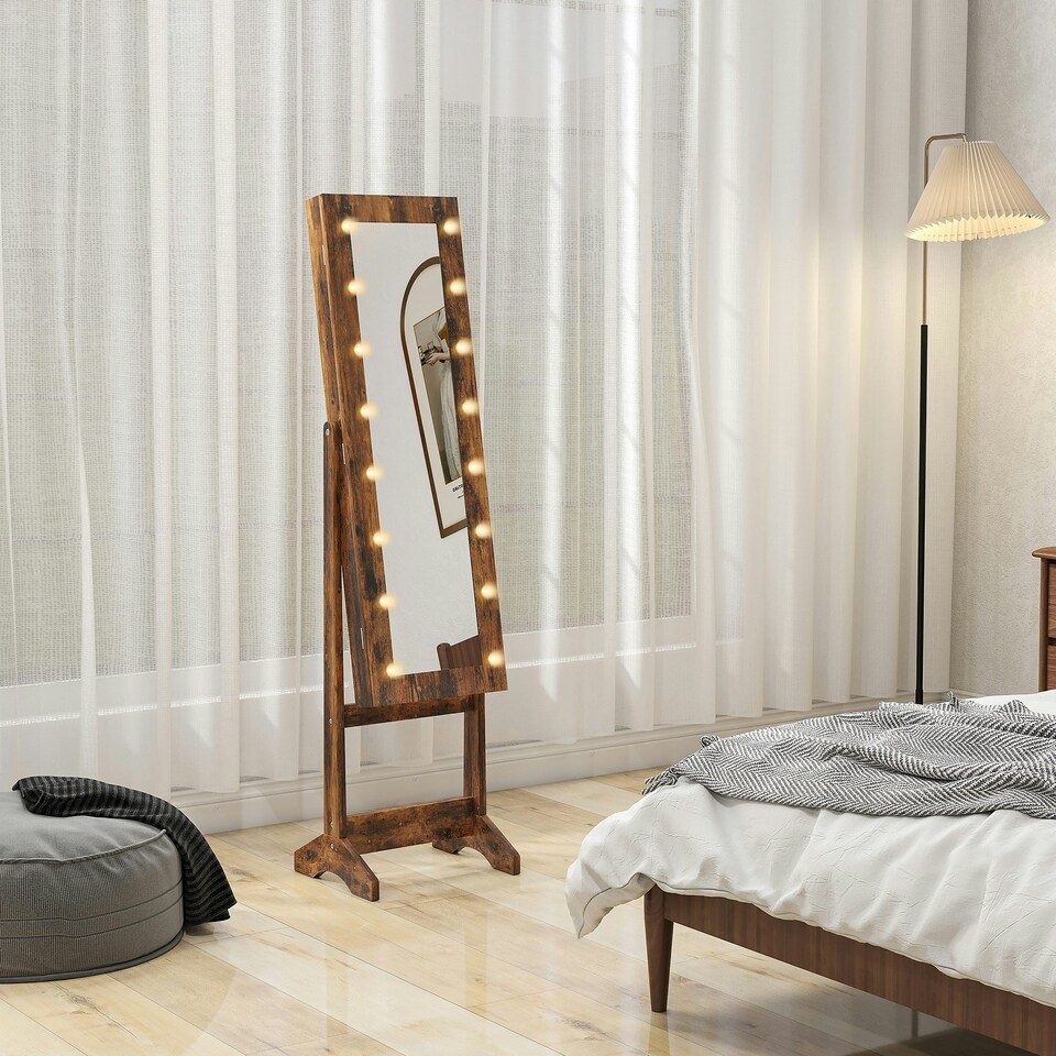 image 1 of HOMCOM Freestanding LED Mirrored Jewelry Cabinet Rustic Brown | Brown | Rustic Brown