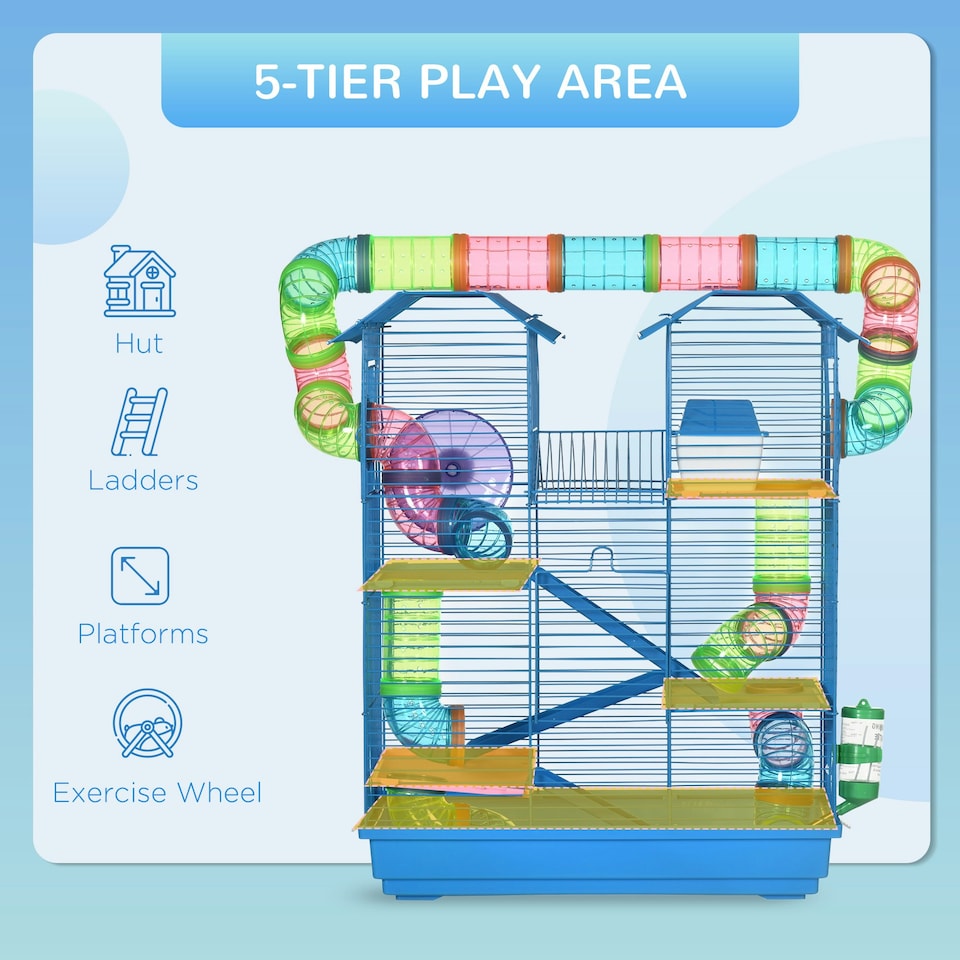 image 1 of PawHut 5 Tiers Hamster Cage Animal Travel Carrier Habitat, Blue