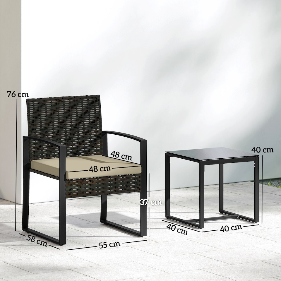 image 1 of Outsunny Rattan Bistro Set, 3 PCS Garden Furniture with Cushion, Khaki | Brown | Khaki seat, brown rattan, black frame | Chair: 55W x 58D x 76H cm; Table: 40L x 40W x 40H cm