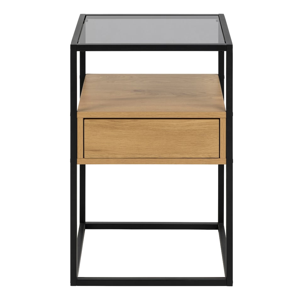 image 1 of Randolf Square Bedside Table with 1 Drawer in Black and Oak