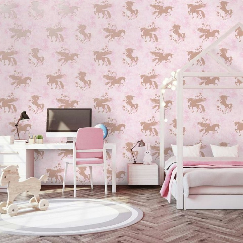 image 1 of Holden Décor Over The Rainbow Unicorn Wallpaper - Pink/Rose Gold - 32.8ft x 21in Pink