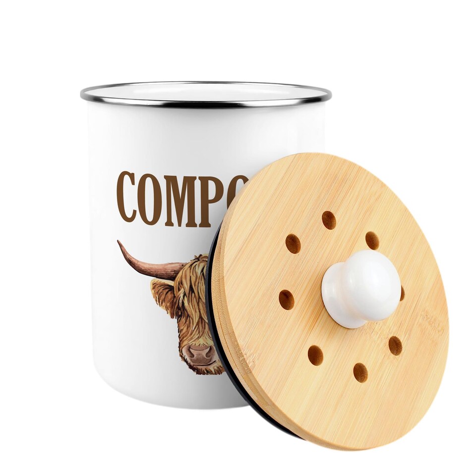 image 1 of Highland Cow Compost Caddy - Metal 2L Decorative Kitchen Food Waste Bin