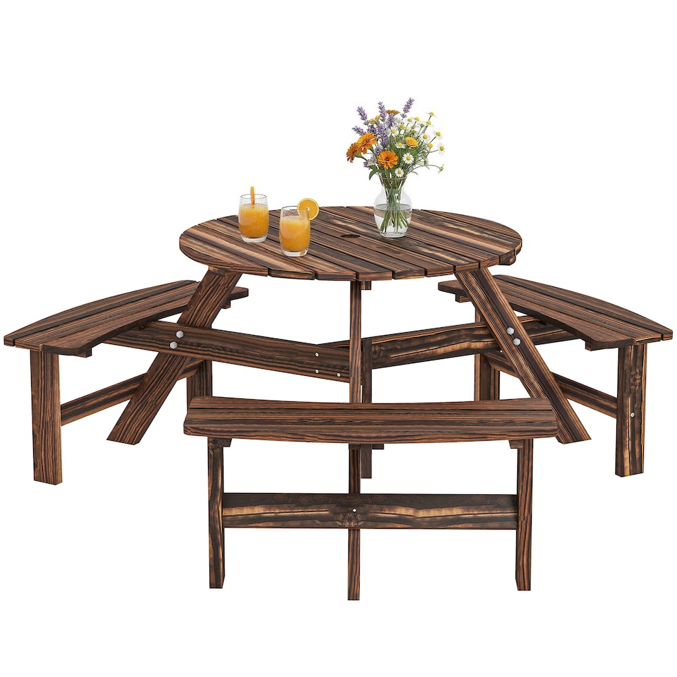 image 1 of Outsunny 6 Person Fir Wood Table Bench Set Outdoor Garden Patio, Carbonized | Brown | Carbonised finish | Table: 90 x 70 cm; Bench: 80 x 25 x 42 cm