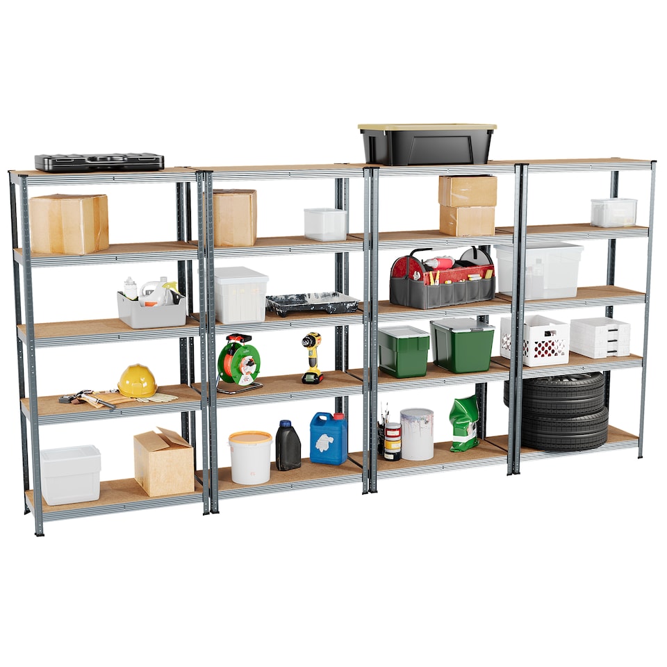 image 1 of Home Vida 5 Tier Heavy Duty Adjustable Steel Garage Shelving, Galvanised - Holds 875kg - (Set of 4) | Silver | Silver | Medium