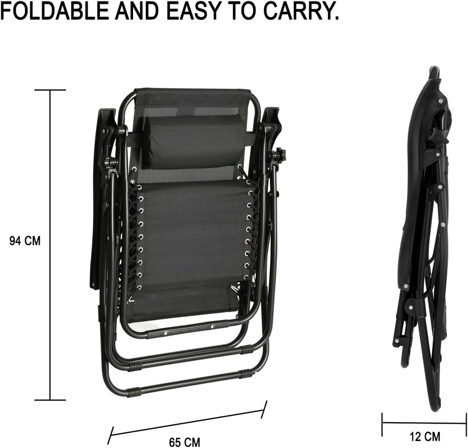 image 1 of Straame Zero Gravity Reclining Chairs, Set of 2 Folding Outdoor Sunloungers (Black)
