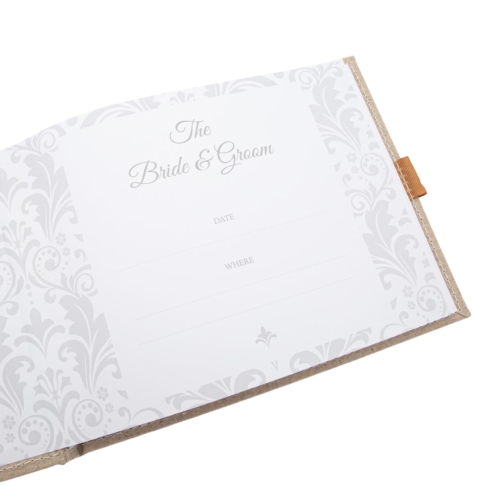 image 1 of Natural Linen Fabric Wedding Day Guest Book with Shiny Gold Rings