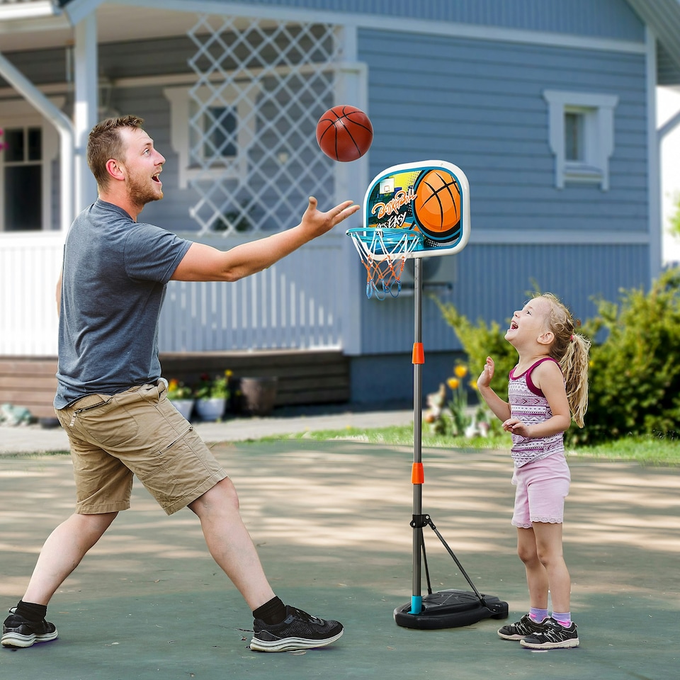 image 1 of HOMCOM 3 Pcs Kids Basketball Set w/ Hoop Ball Pump Height Fillable Base 3-8 Yrs