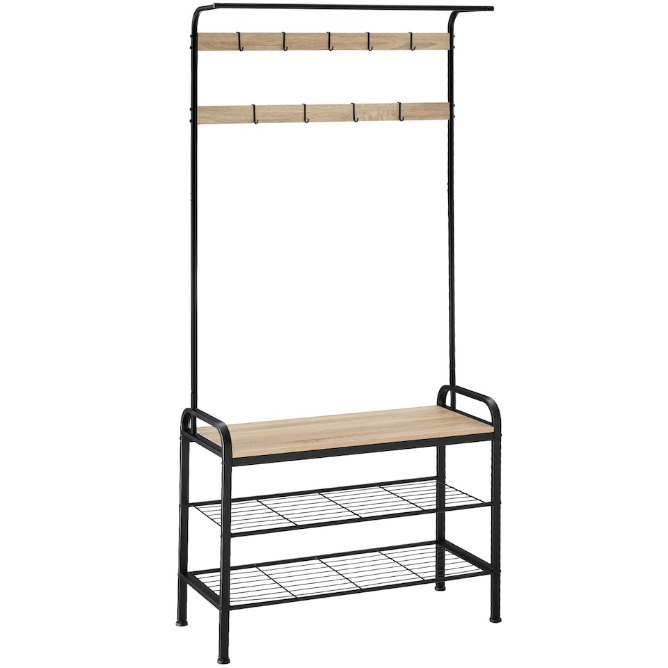 image 1 of Coat Stand - shoe rack, seat, 2 shelves and 9 coat hooks | Brown | industrial wood light, oak Sonoma | One Size | 1