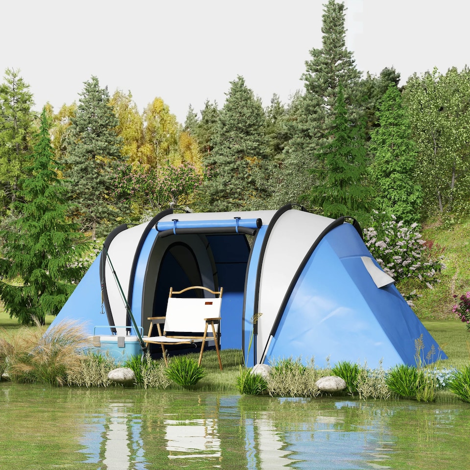 image 1 of Outsunny 2 Bedroom Camping Tent with Living Area, 3000mm Waterproof, Blue