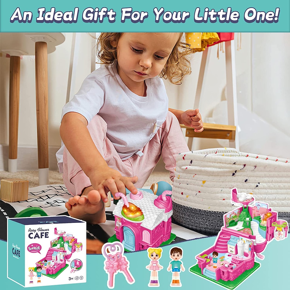 image 1 of Cafe Garden Portable Dollhouse Playset – Mini 3D Doll House with Light & Sound, Garden Swing & Accessories Pretend Play Gift for Kids Ages 3+