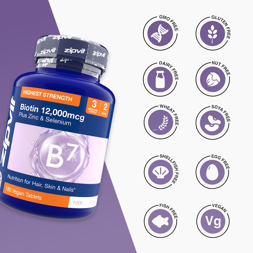 image 1 of Zipvit Biotin 12,000mcg with Zinc & Selenium, Hair, Skin & Nail Support, 180 Vegan Tablets, 3-Month Supply