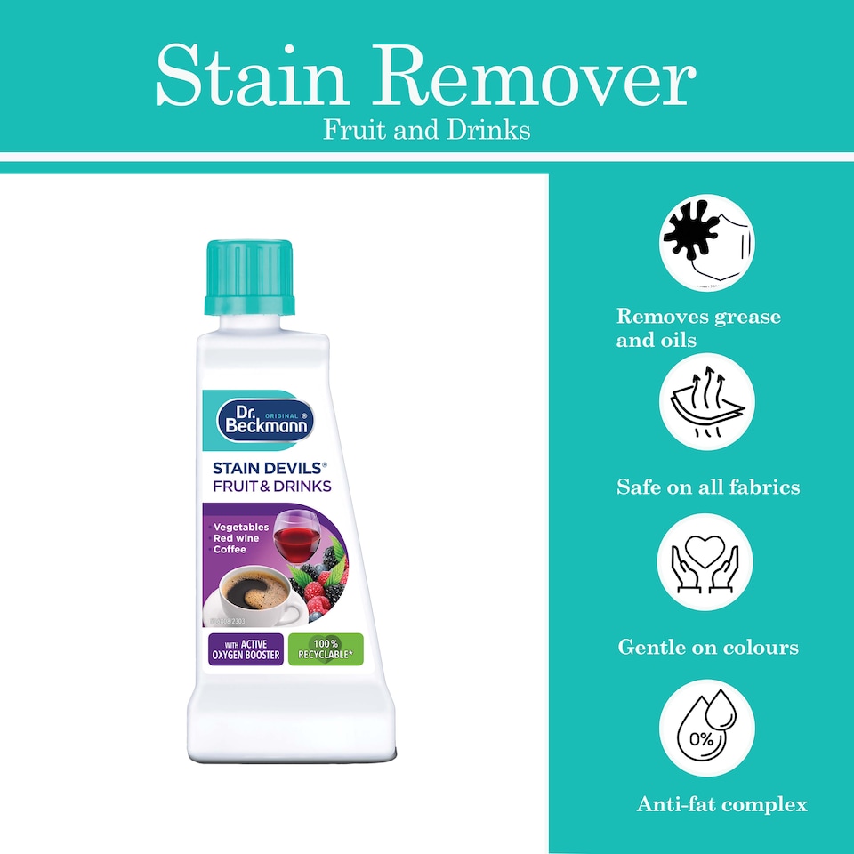 image 1 of Dr Beckmann Stain Devils Fruit and Drink Stain Remover 50ml Pack of 2 for Coffee Tea Wine Juice Fabric Spot Cleaning Solution