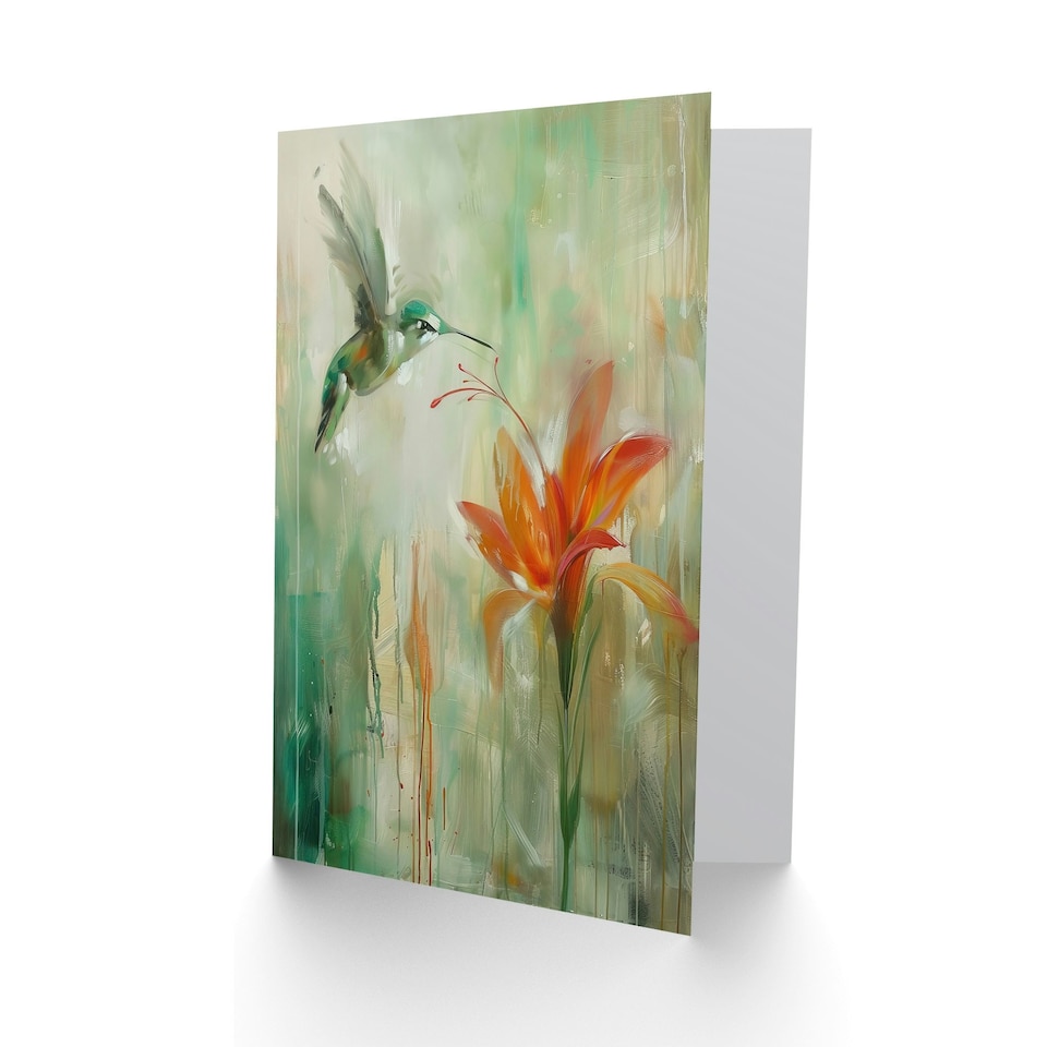 image 1 of Daylily Flower Orange Green Woman Hummingbird Her Birthday Card