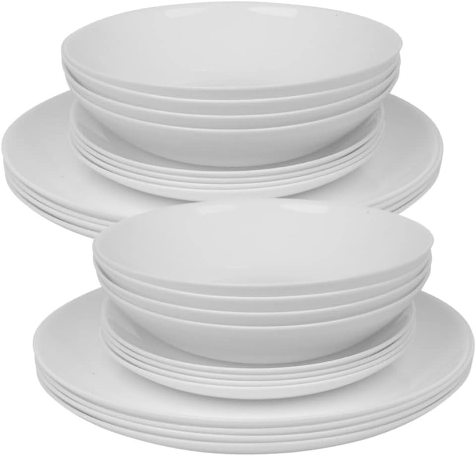 image 1 of White Opal Glass Dinner Set Plates Soup Bowls Dinnerware | White | Luna Dinner - 24 Pcs | 24