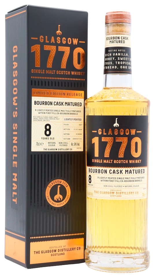 image 1 of Glasgow 1770 - Bourbon Cask Lightly Peated Single Malt Scotch 2017 8 year old Whisky | Multi | floral honey, vanilla, gentle peat, toffee apples, tropical pineapple, buttery citrus, rich vanilla, oak spice, soft smoke | 1