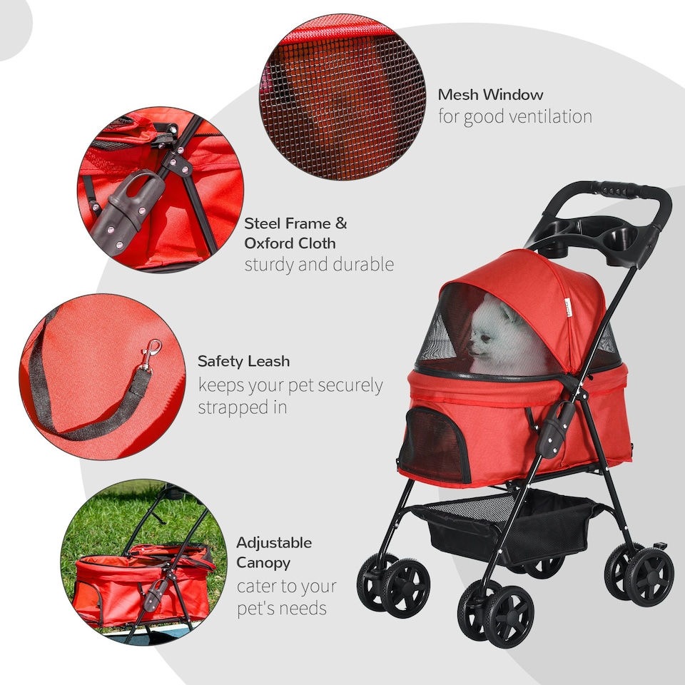 image 1 of PawHut Pet Stroller Foldable Travel Carriage w/ Brake Basket Canopy, Red