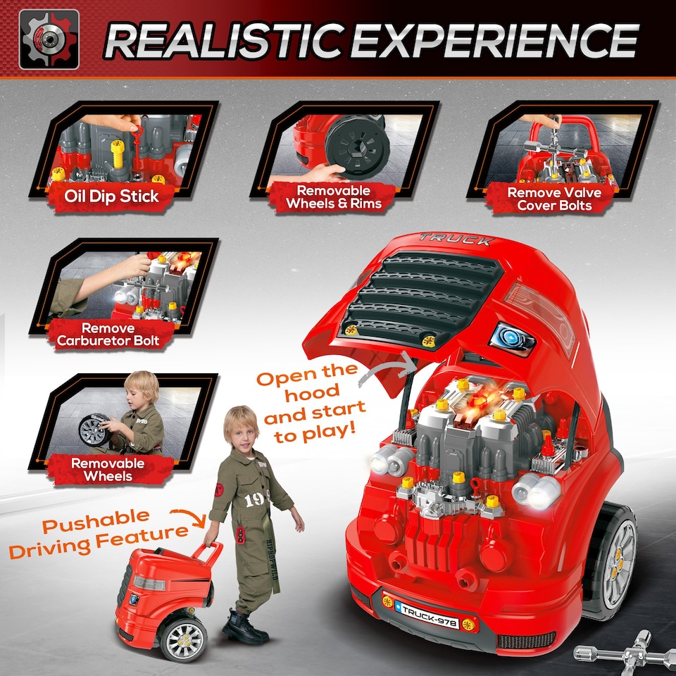 image 1 of HOMCOM Kids Truck Engine Toy Set, Toddler Educational Car Service Station Playset, Take Apart Workshop, with RC Car Key, Steering wheel, Horn, Light, for 3-5 Years Old Red