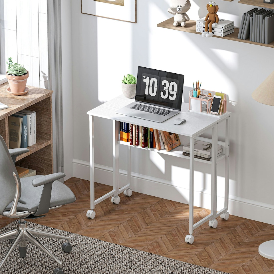 image 1 of HOMCOM 80 cm Foldable Computer Desk on Wheels for Small Spaces | White