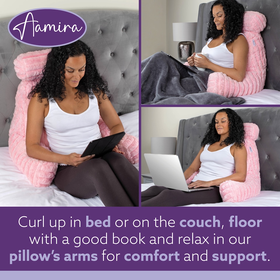 image 1 of Aamira Reading Pillow Pink Faux Fur Ribbed Memory Foam Support Cushion | Pink | Pink | Standard | 1