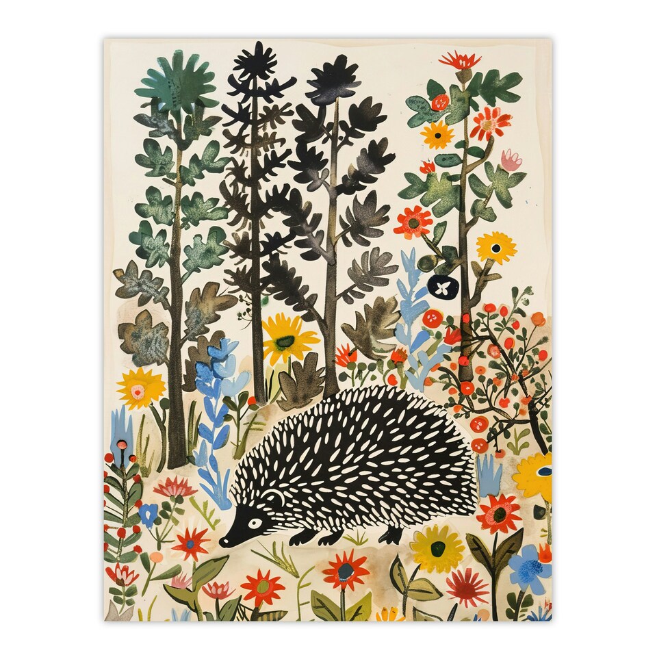 image 1 of Forest Folk Art Wildflowers Hedgehog Black Framed Wall Art Print A4
