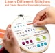 image 5 of Beginner Embroidery Kit (4 Pack) Learn 33 Stitches with Easy DIY Video Tutorials, Coloured Design Patterns, Thread Floss, Cross Stitch Hoop, Gift (AZD200)