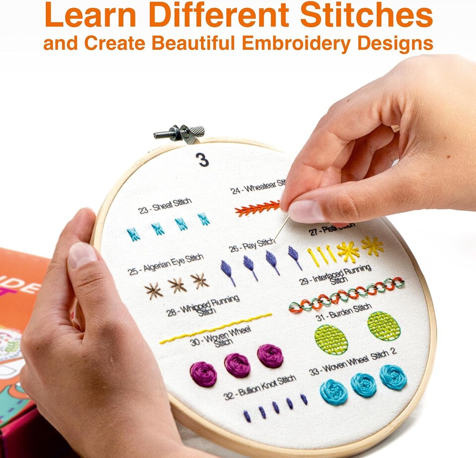 image 1 of Beginner Embroidery Kit (4 Pack) Learn 33 Stitches with Easy DIY Video Tutorials, Coloured Design Patterns, Thread Floss, Cross Stitch Hoop, Gift (AZD200)