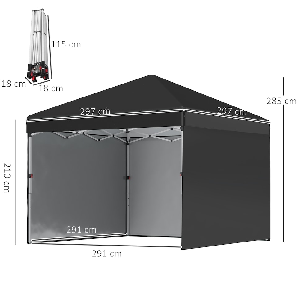 image 1 of Outsunny 3x3 (M) Pop Up Gazebo Party Tent w/ 3 Sidewalls, Weight Bags, Black | Black | Black