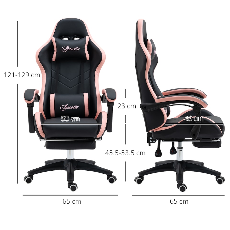 image 1 of Vinsetto Computer Gaming Chair, PU Leather Office Desk Chair with Footrest, Swivel Wheels, 135  Reclining Back, Lumbar Support, Headrest for Home, Black and Pink | Black | Black