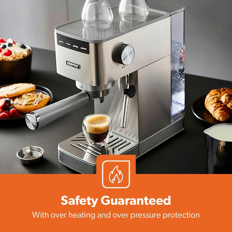 image 1 of GEEPAS Espresso & Cappuccino Coffee Machine with Milk Frother - Silver