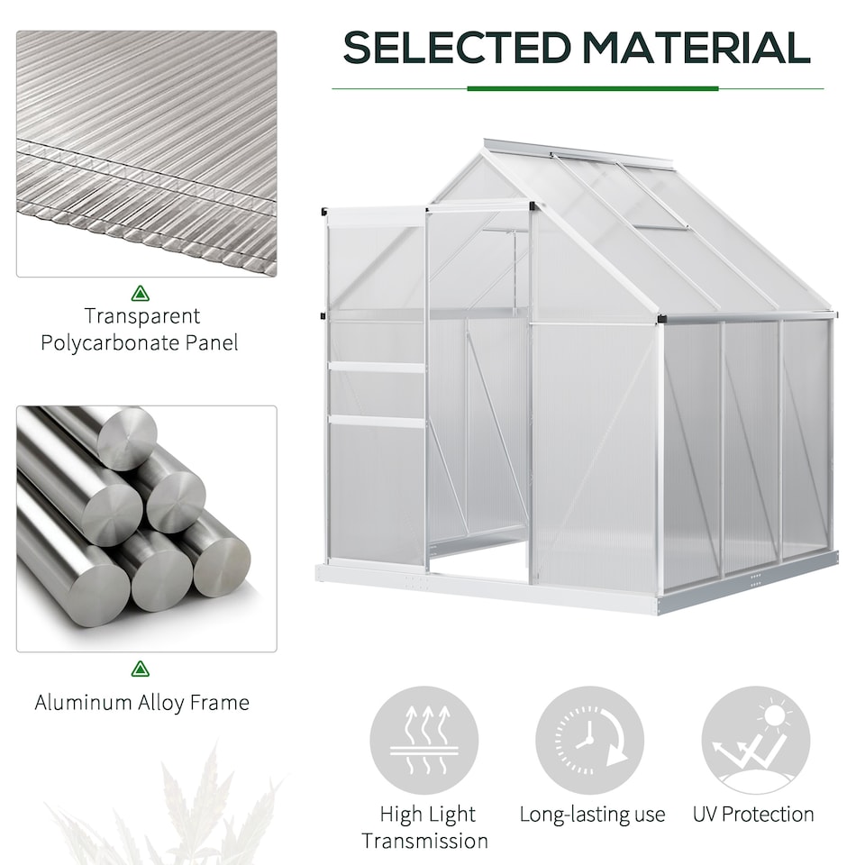 image 1 of Outsunny Polycarbonate Walk-in Garden Greenhouse w Sliding Door Silver Tone