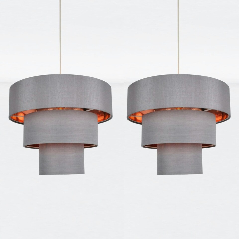 image 1 of First Choice Lighting Set of 2 Staggered 3 Tier Grey Faux Silk Slub Fabric Ceiling Adjustable Flush Shade with Copper Board Inner Chrome | Grey