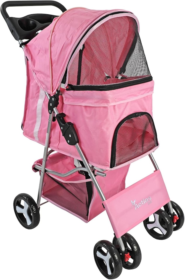 image 1 of Pet Stroller Dog Cat Puppy Pram Pushchair Travel Cart Jogging Buggy Carrier (Pink with Cover)