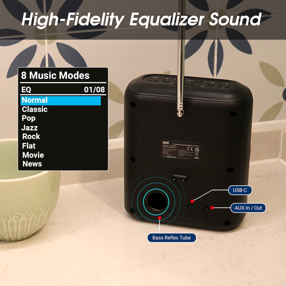 image 1 of Rechargeable DAB/DAB+/FM Radio Dual Alarm Clock & Bluetooth Speaker, Colour LCD Screen, AUX In/Out, for Bedside, Kitchen, Office or Outdoor - August MB330B