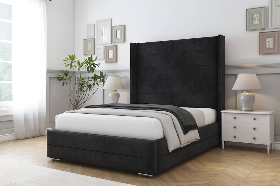 image 1 of Sloomy Sterling Black Naples Bed Frame With Mattress With 50"  Upholstered Wingback Headboard 6' Super King