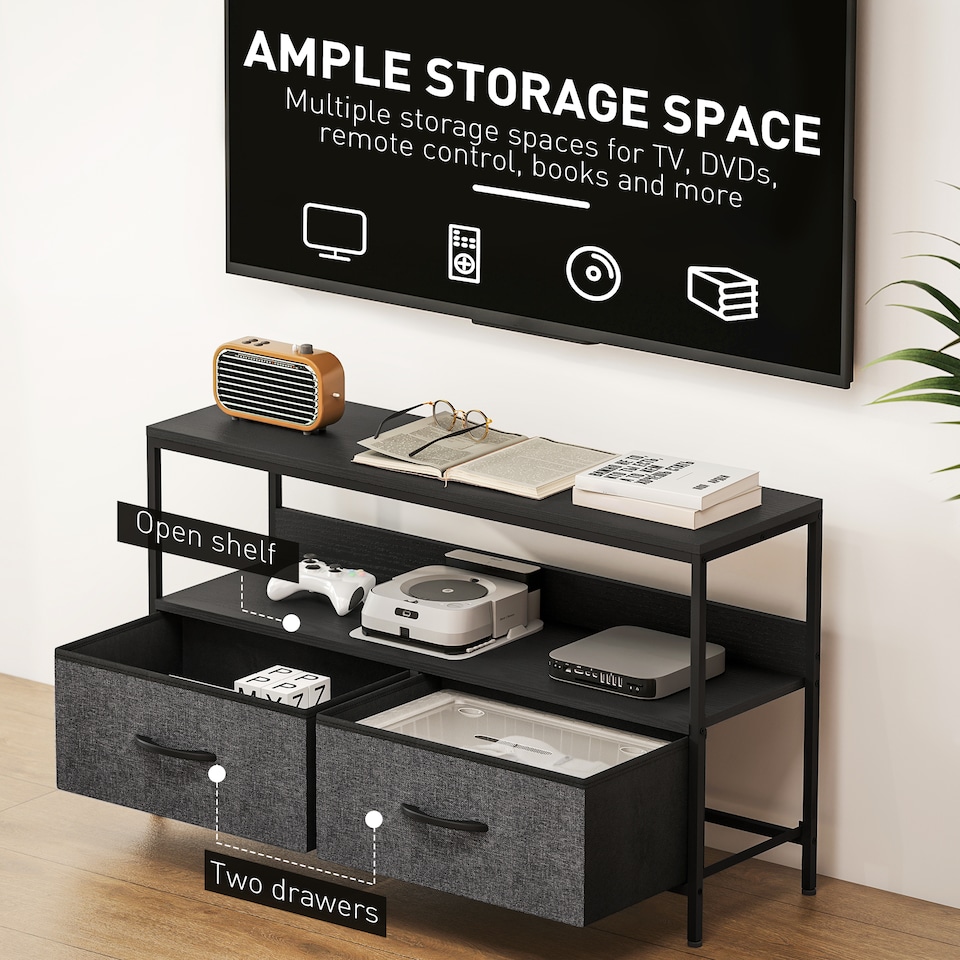image 1 of HOMCOM TV Stand Cabinet up to 47-inch, TV Unit with 2 Foldable Linen Drawers, Open Shelf for Living Room, Bedroom, Entertainment Room, Black | Black | 1
