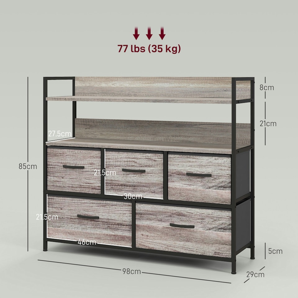 image 1 of HOMCOM Bedroom Chest of Drawers 5 Drawer Dresser w/ Shelves, Grey Wood Effect