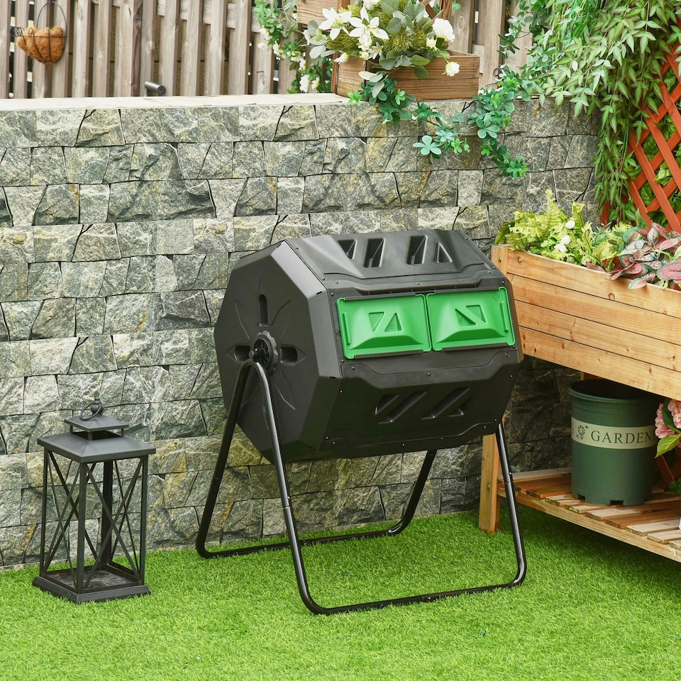 image 1 of Outsunny 160L Outdoor Tumbling Compost Bin with Dual Chamber, Black