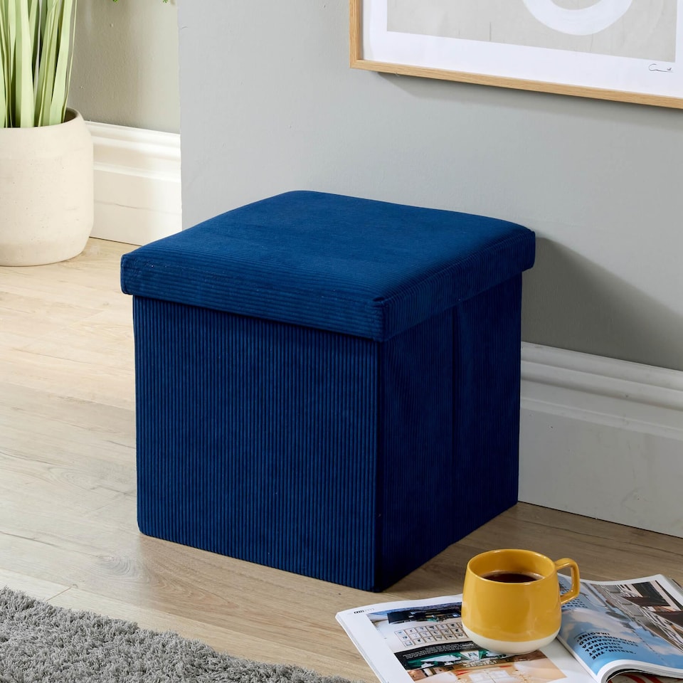 image 1 of Ottoman Storage Chest Folding Corduroy Fabric Solid Storage Box | Blue | Blue