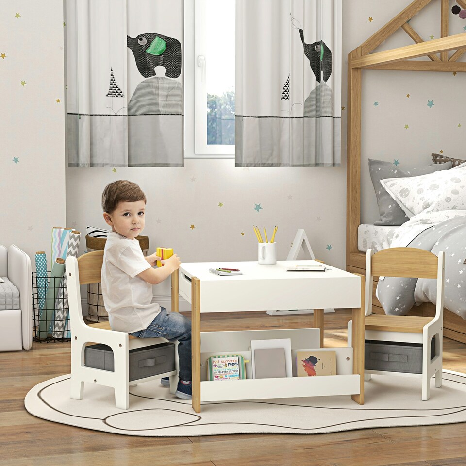 image 1 of HOMCOM 3-Piece Kids Table and Chair Set for Nursery, Playroom, Classroom Brown