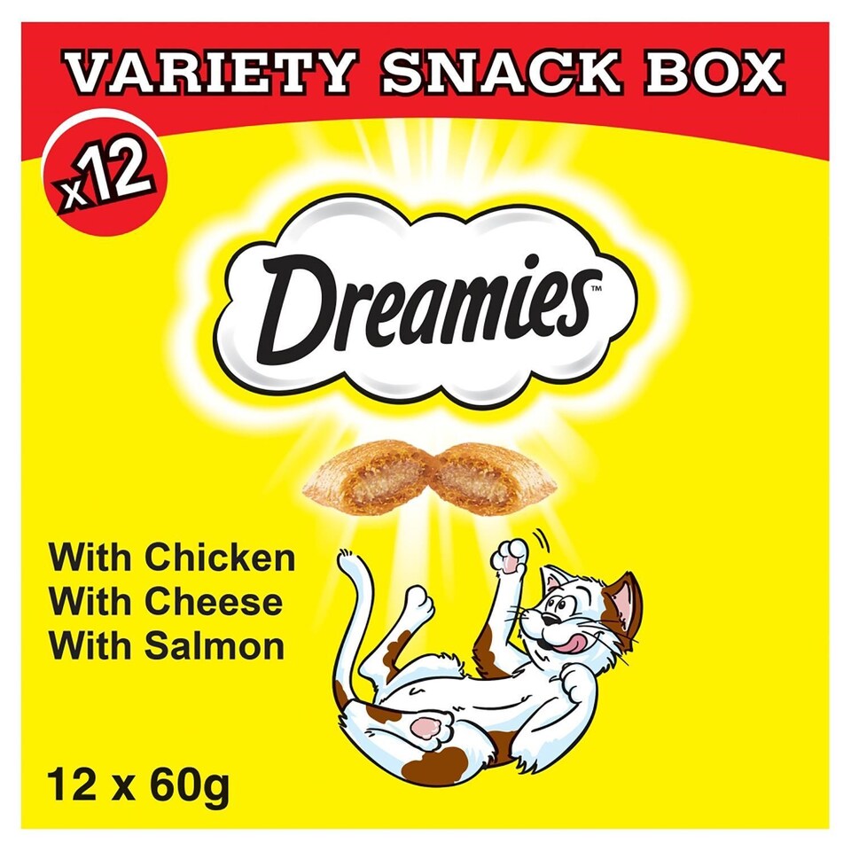image 1 of 12 x 60g Dreamies Cat Treats Mixed Variety Snack Box Chicken Cheese & Salmon