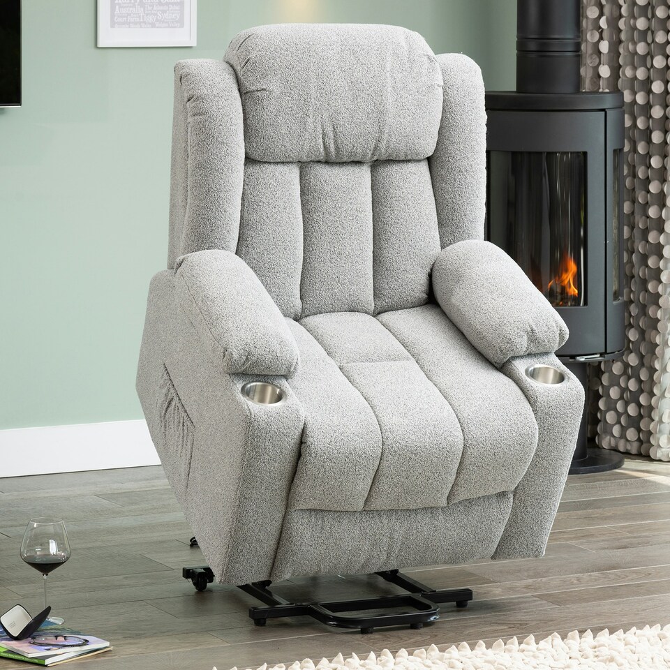 image 1 of Lovell Electric Lift Assist Riser Recliner with Massage and Heat - Light Grey