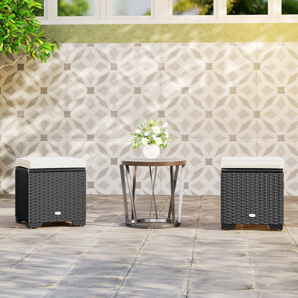 image 1 of Outsunny Set of 2 Rattan Storage Ottoman, Outdoor Footstool with Removable Cushions, Garden Storage Seat for Balcony, Porch, Living Room, Cream White | Cream | 40W x 40D x 40H cm | 1