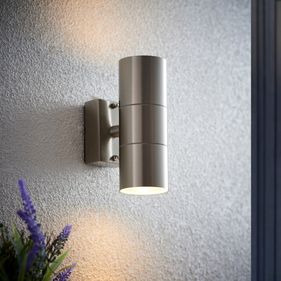 image 1 of Canon 2 Light Outdoor Up Down Wall Light Clear Glass, Polished Stainless Steel IP44, GU10