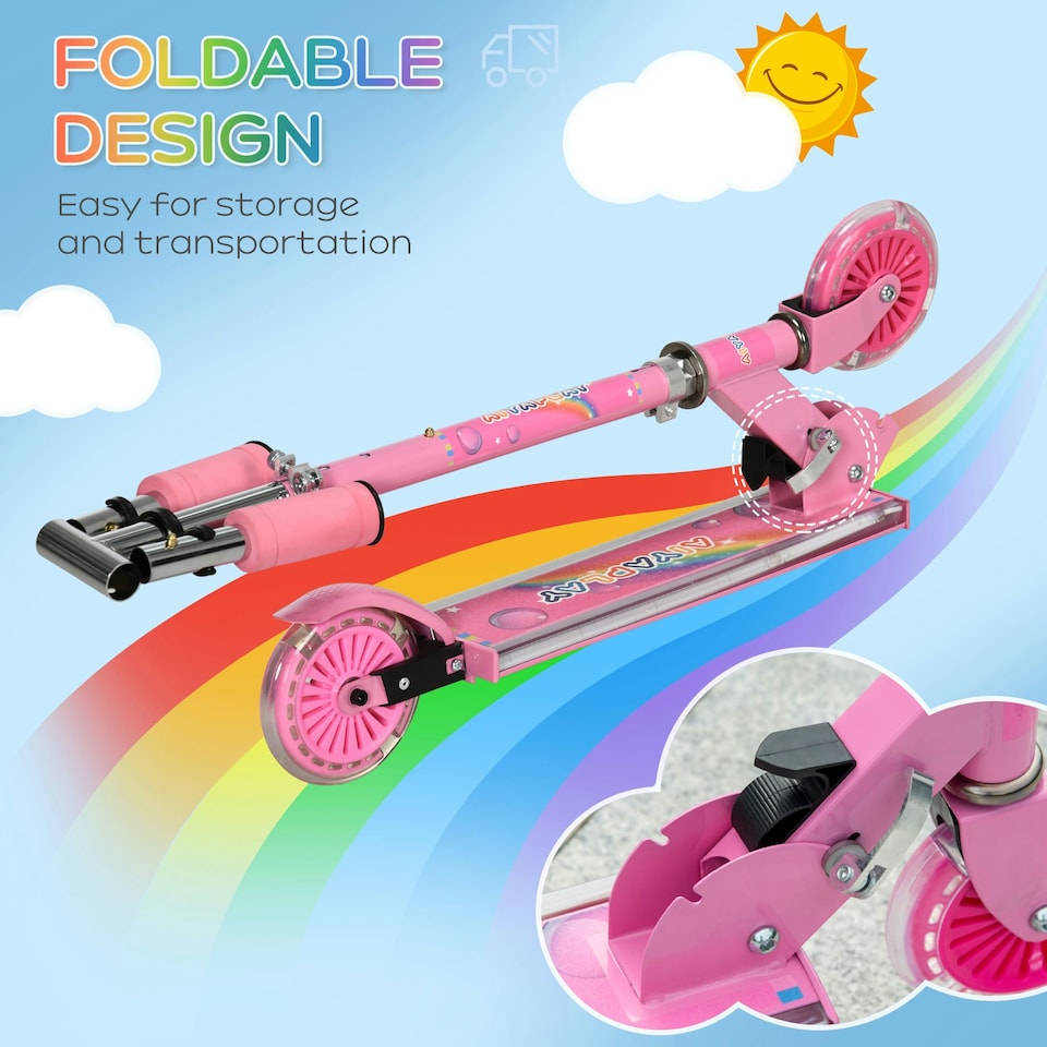 image 1 of HOMCOM Kids Scooter 2 Wheels W/ Lights Music Adjustable Height Foldable - Pink