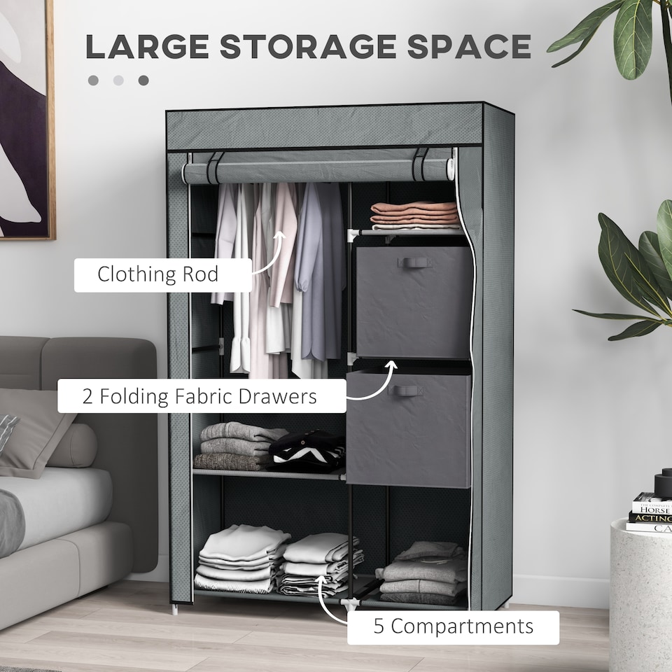 image 1 of HOMCOM Fabric Wardrobe, Portable Wardrobe, Clothes Storage Unit with 5 Compartments, Hanging Rail and 2 Fabric Drawers, 102 x 42.5 x 162.5cm, Dark Grey | Grey | Dark Grey