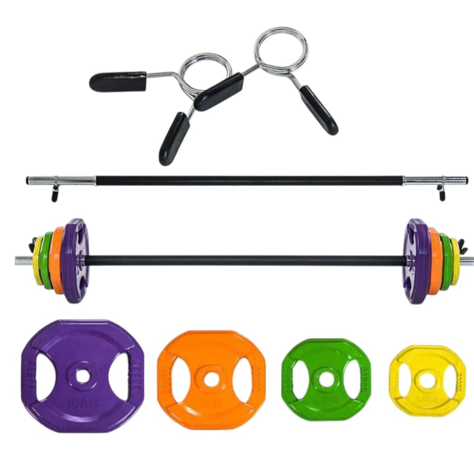 Modern Fitness 40kg Studio Pump Barbell Set Colour-Coded Tri-Grip Rubber Plates 1.4m Anti-Slip Bar & Quick-Release Clamps
